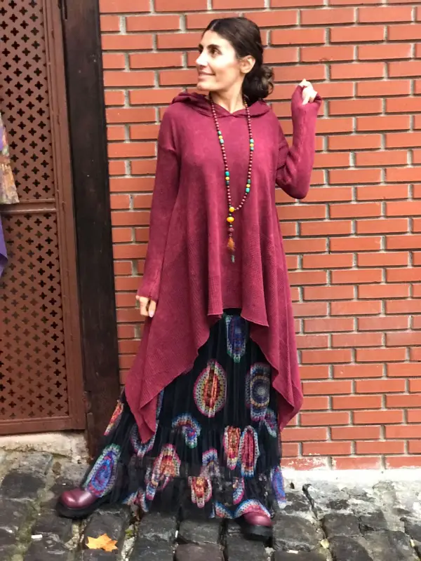 Kapşonlu tunik bluz bordo